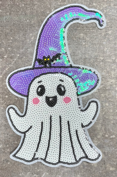 Ghost with Purple Witch Hat - Chenille/Sequins Iron On Patch