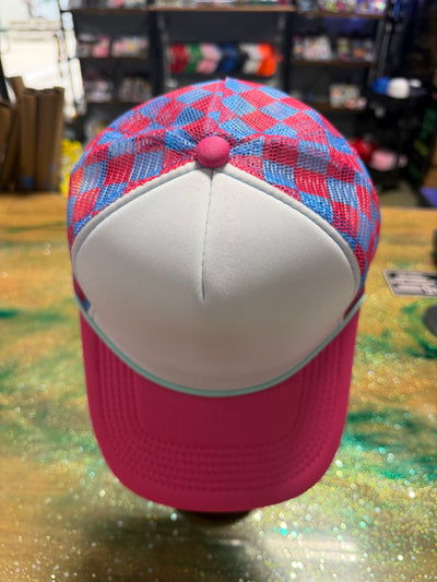 Hot Pink Bill with Blue and Pink Checkered Back - Trucker Hat