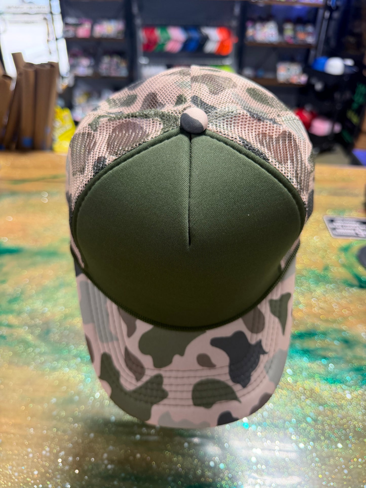 Camo Bill with Green Front and Camo Back - Trucker Hat
