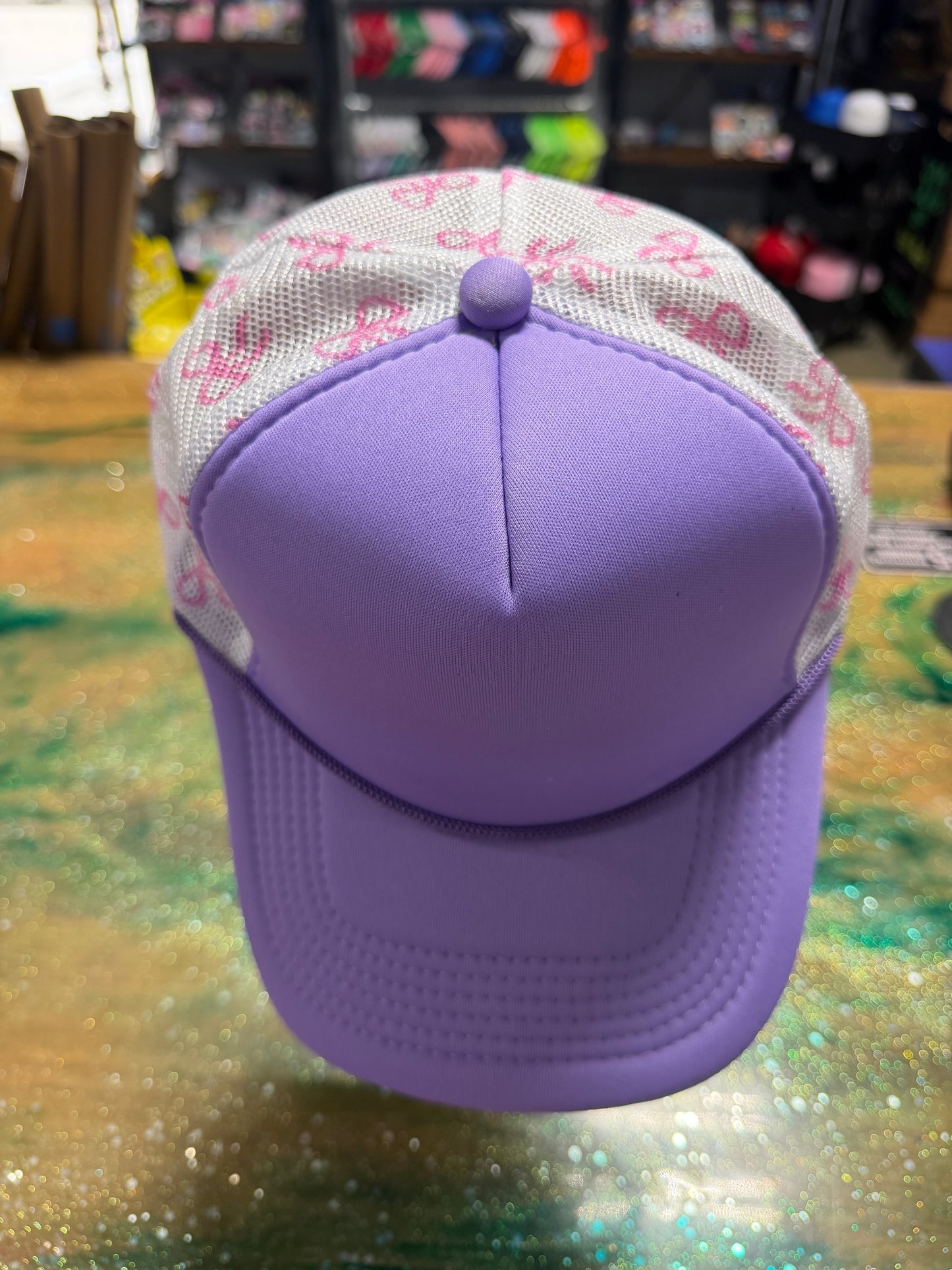 Purple Bill and Front with Pink Ribbon Back - Trucker Hat