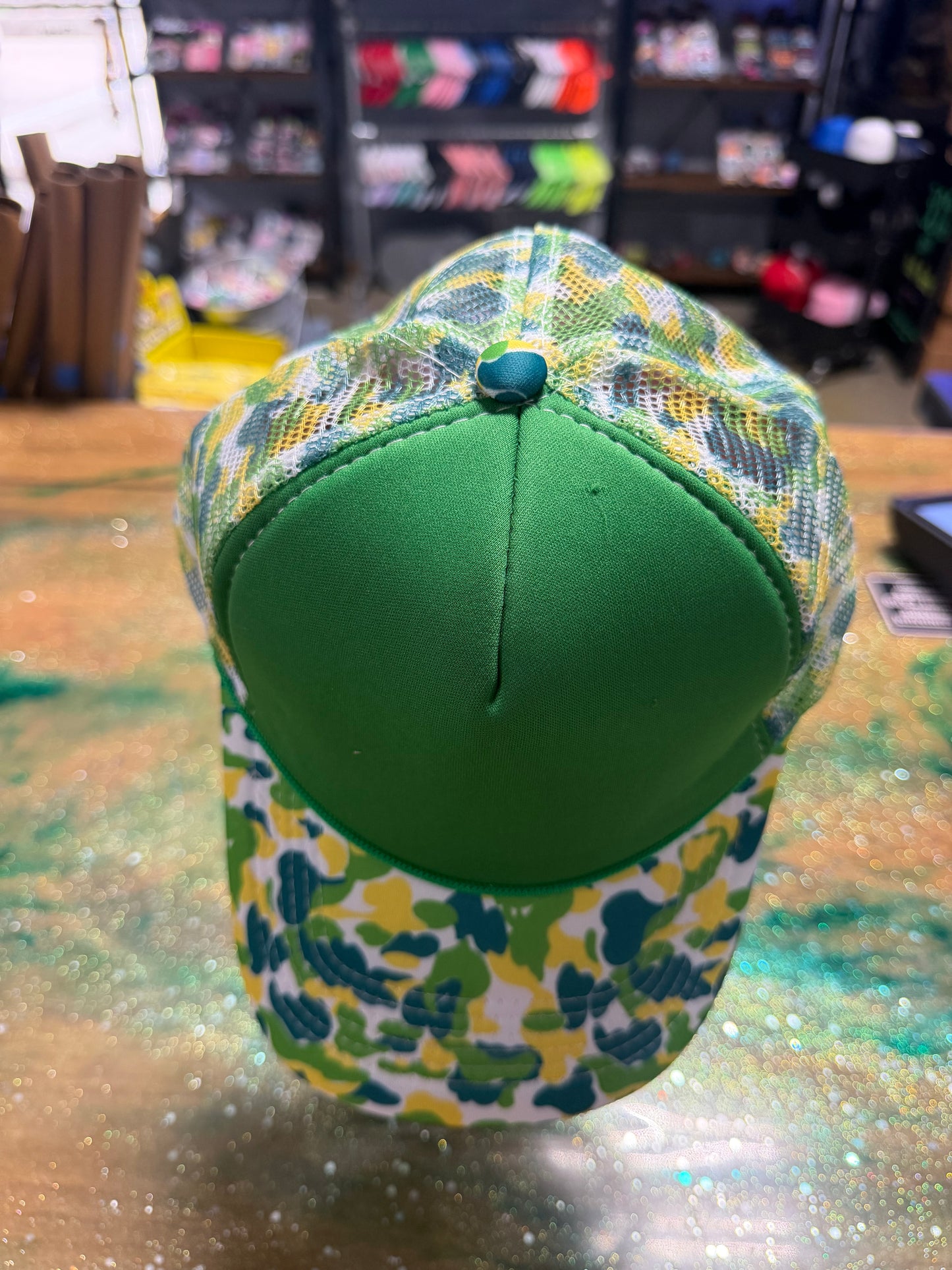 Green and Yellow Camo with Green Bill and Camo Back - Trucker Hat