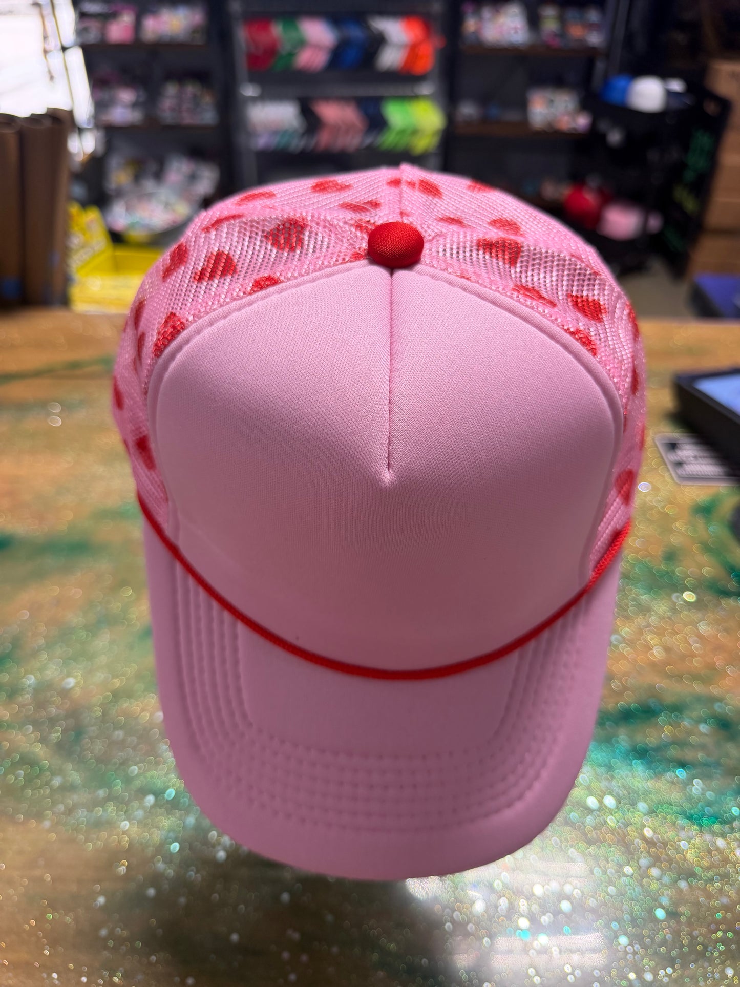 Pink Bill and Front with Red Heart Back - Trucker Hat