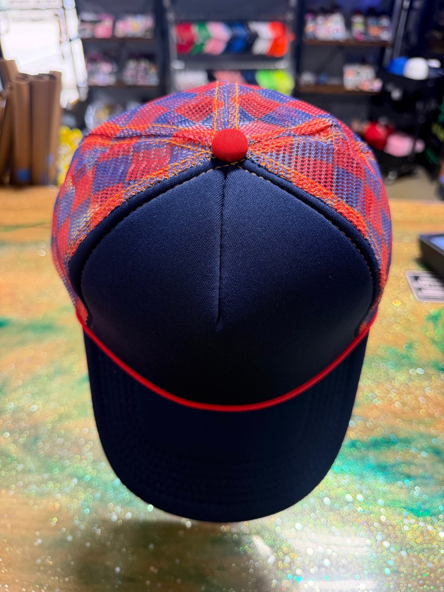 Navy Bill with Navy and Orange Checkered Back - Trucker Hat