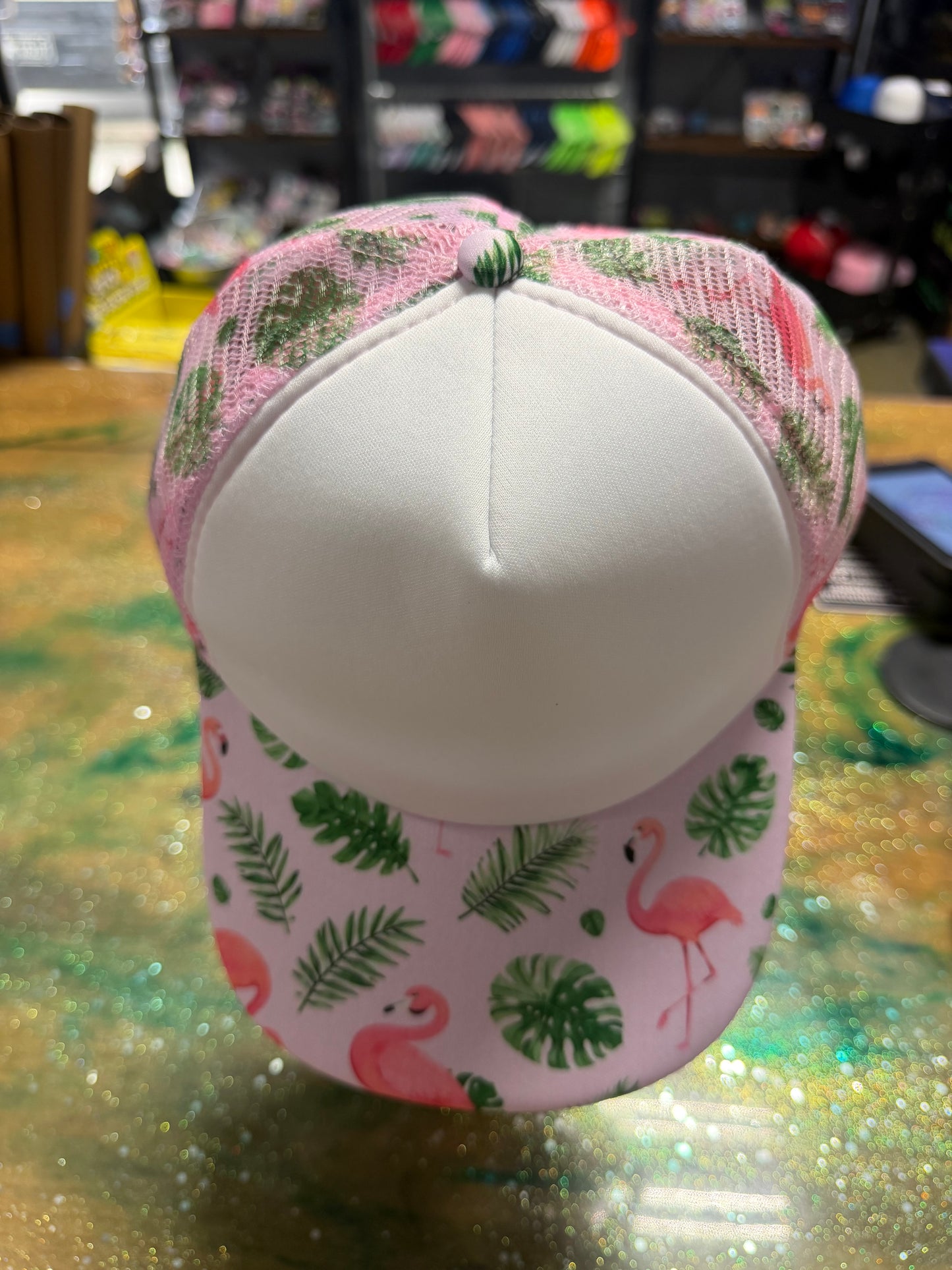 Flamingo and Leaves Bill and Back with White Front  - Trucker Hat