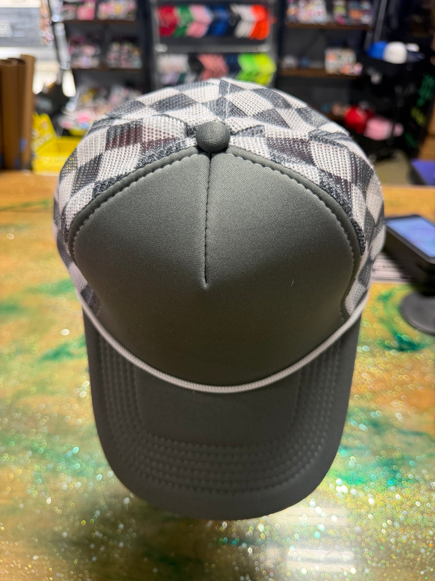 Gray Bill and Front with Checkered Back  - Trucker Hat