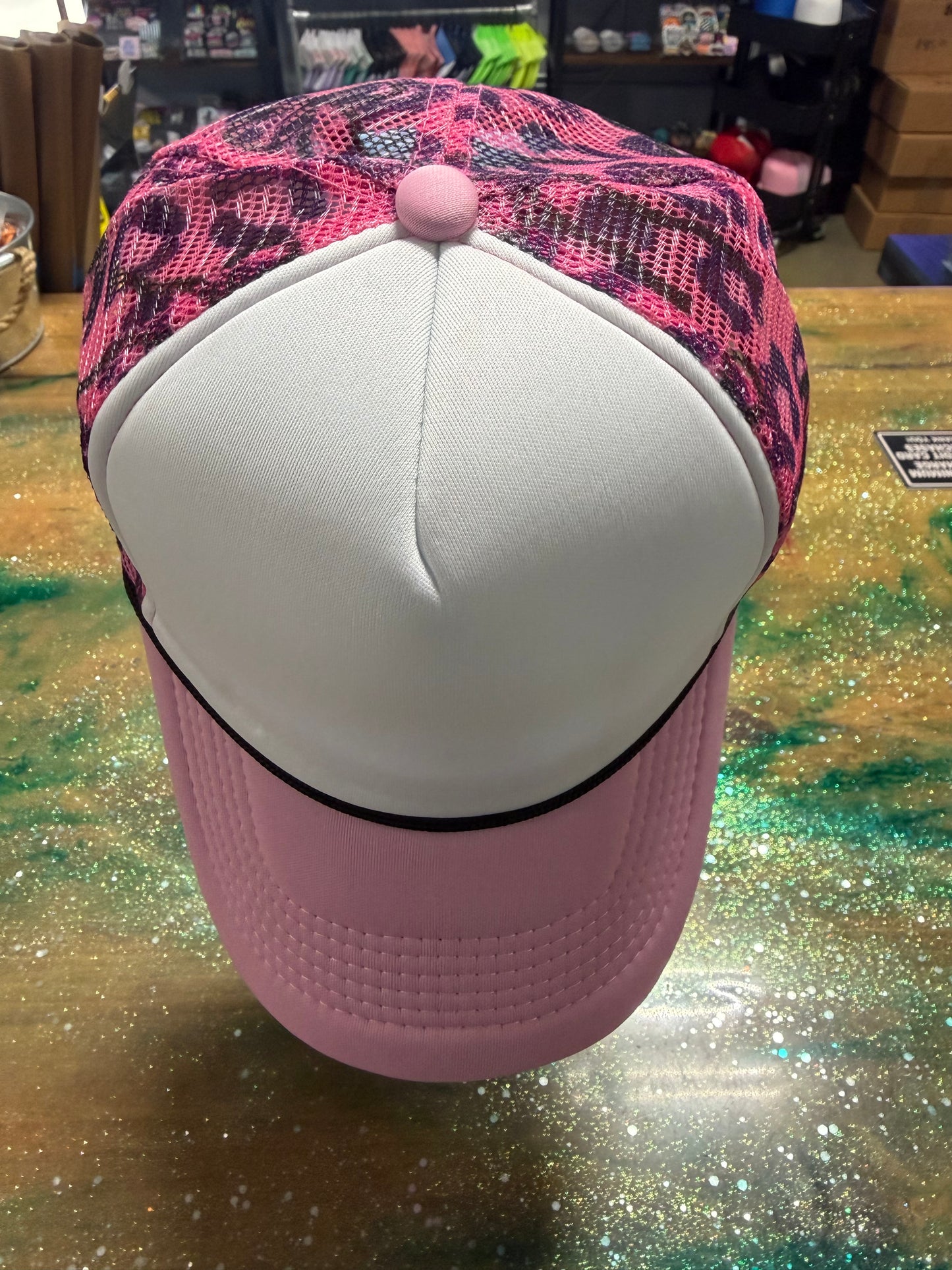 Light Pink Bill White Front and Leopard Back - Trucker Hat