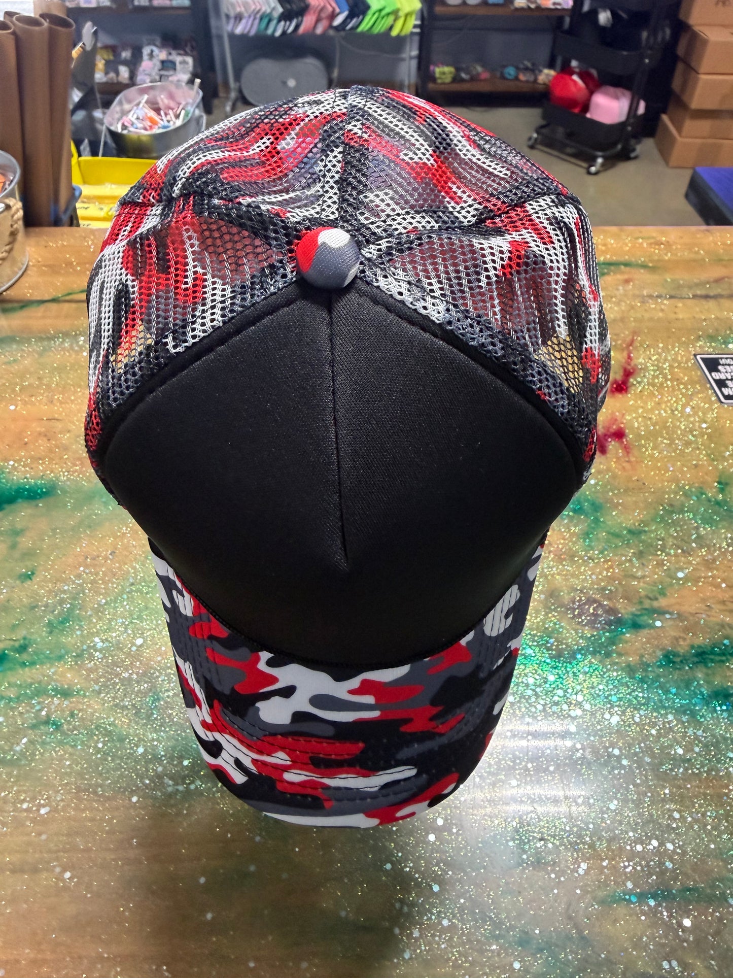Red Gray Black Camo Bill and Back with Black Front - Trucker Hat