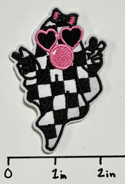 Checkered Ghost Blowing Bubble Hat Patch