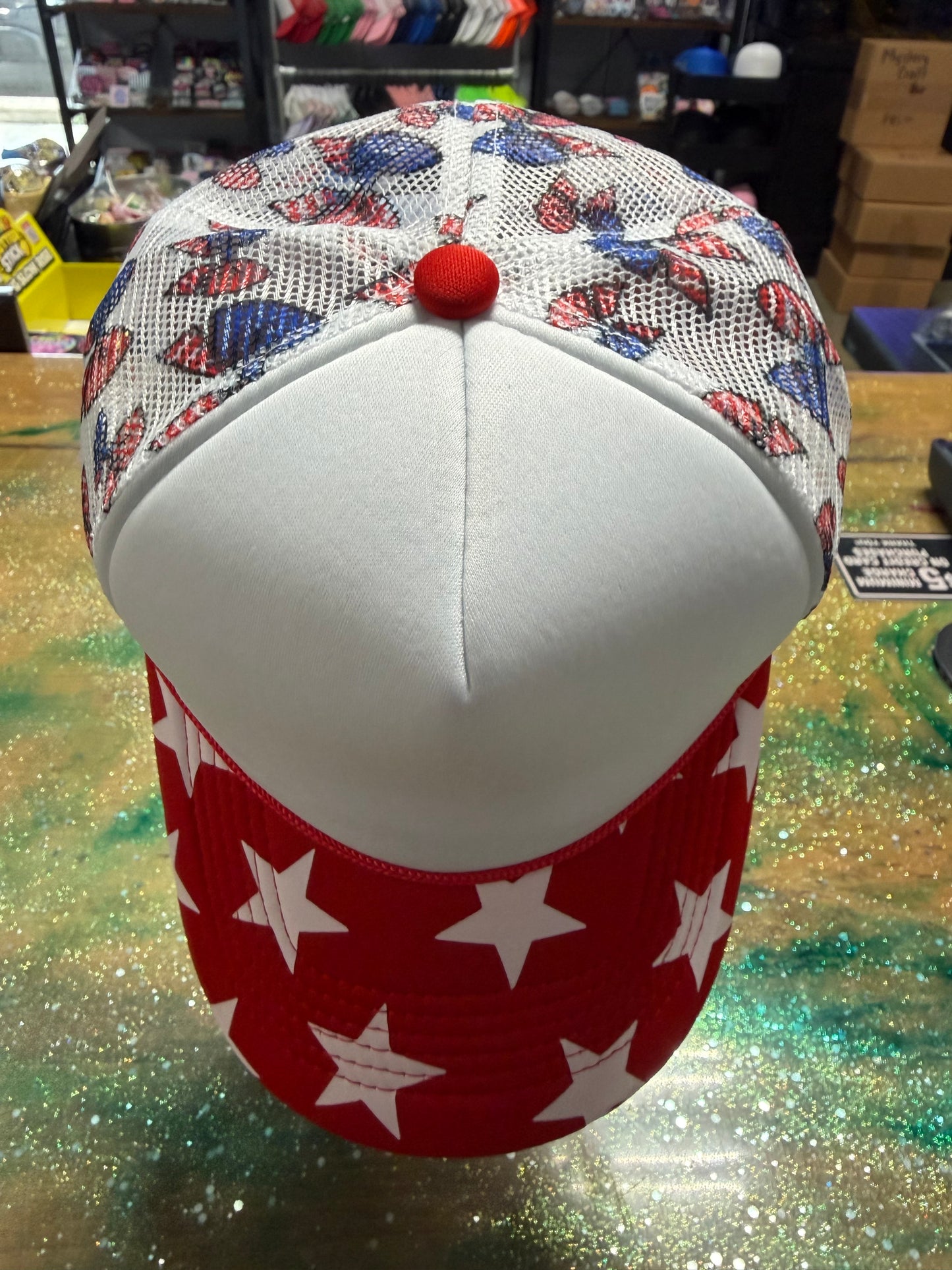 White Stars on Red Bill and Flag Bows Back with White Front- Trucker