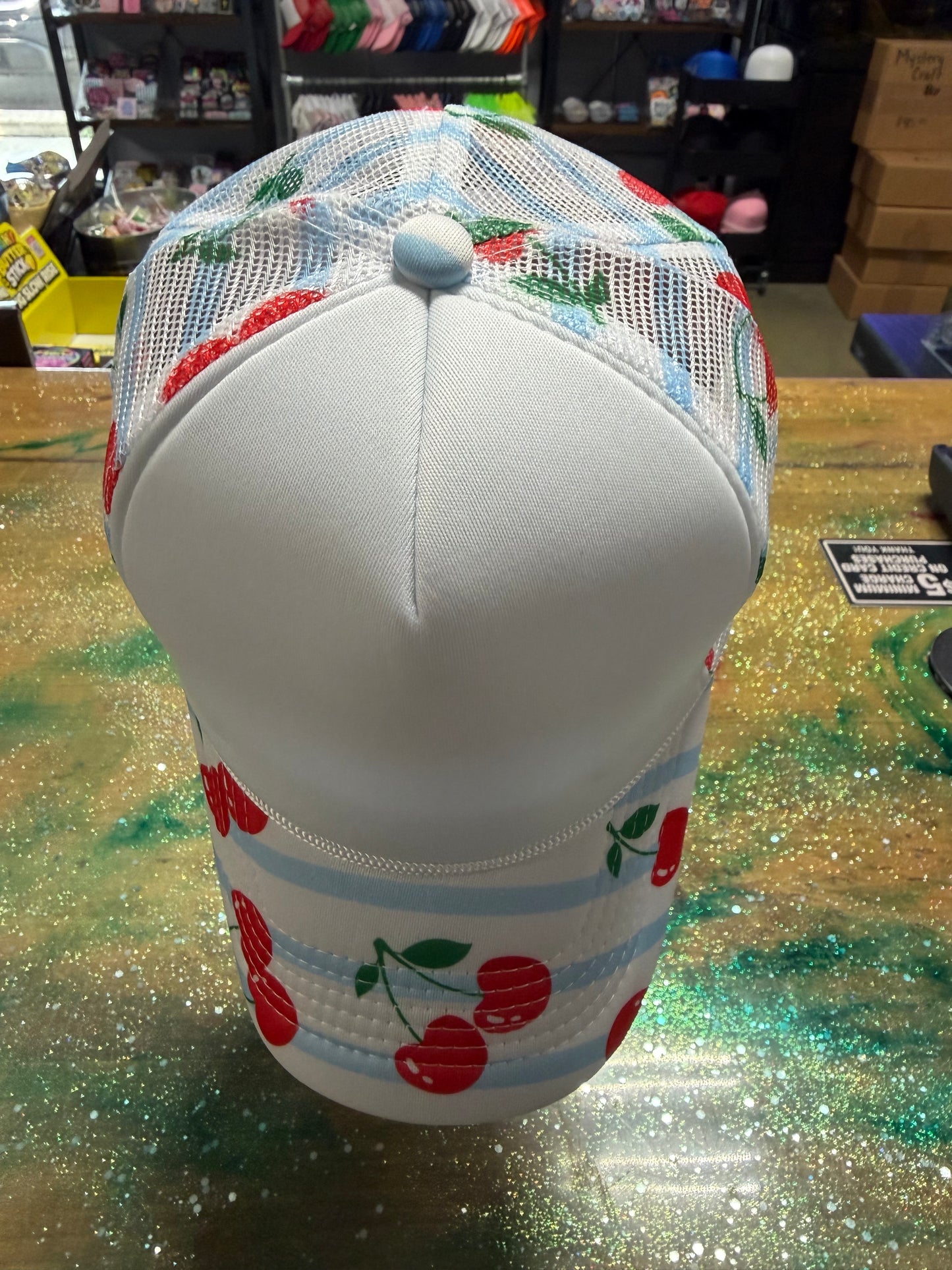Light Blue Stripe/Cherries Bill and Back with White Front- Trucker
