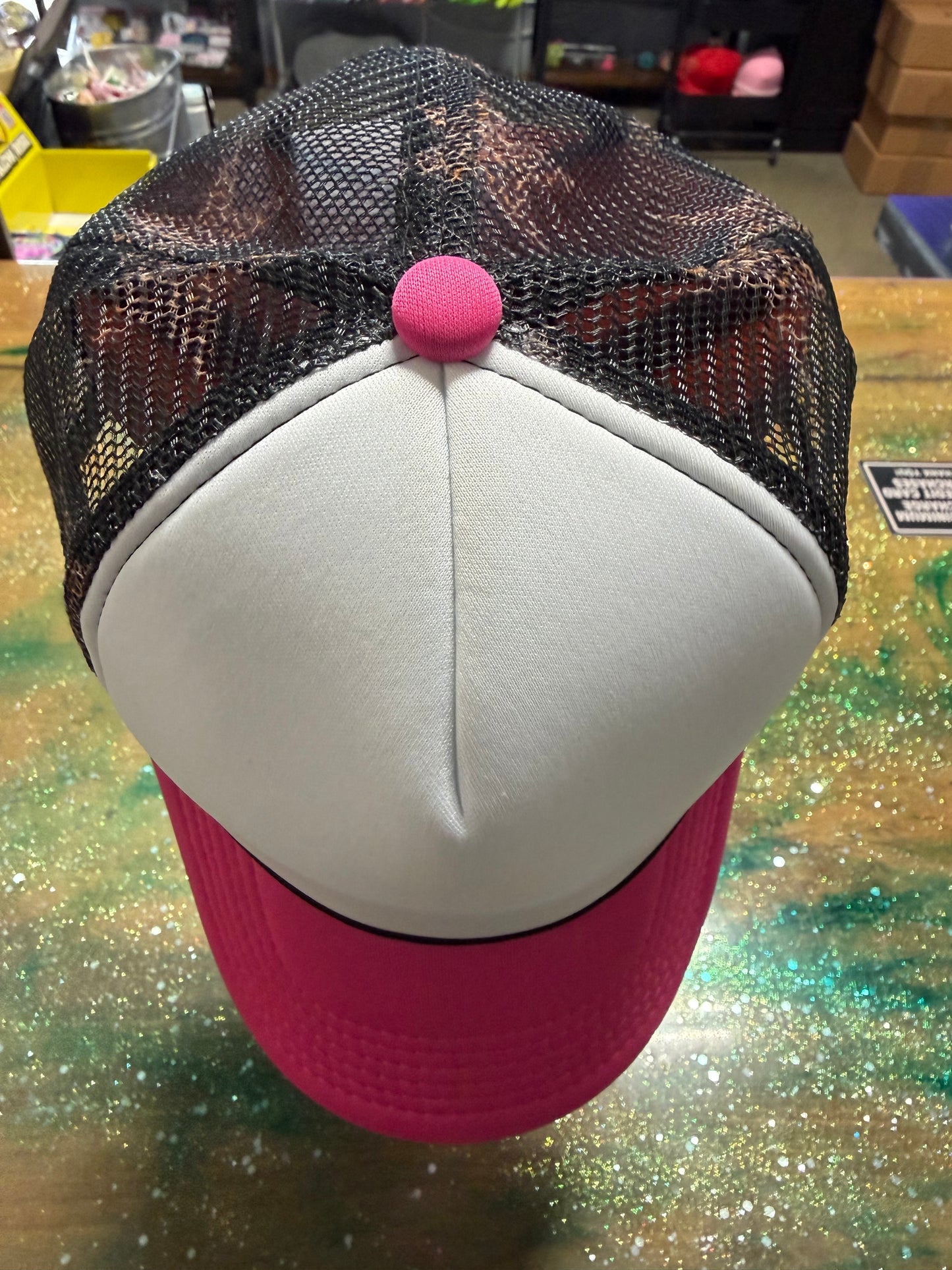 Hot Pink Bill and White Front with Leopard Stars on Black Back- Trucker