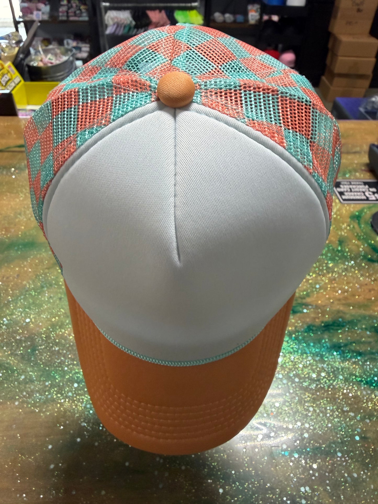 Orange Bill and White Front with Orange/Mint Checkered Back- Trucker