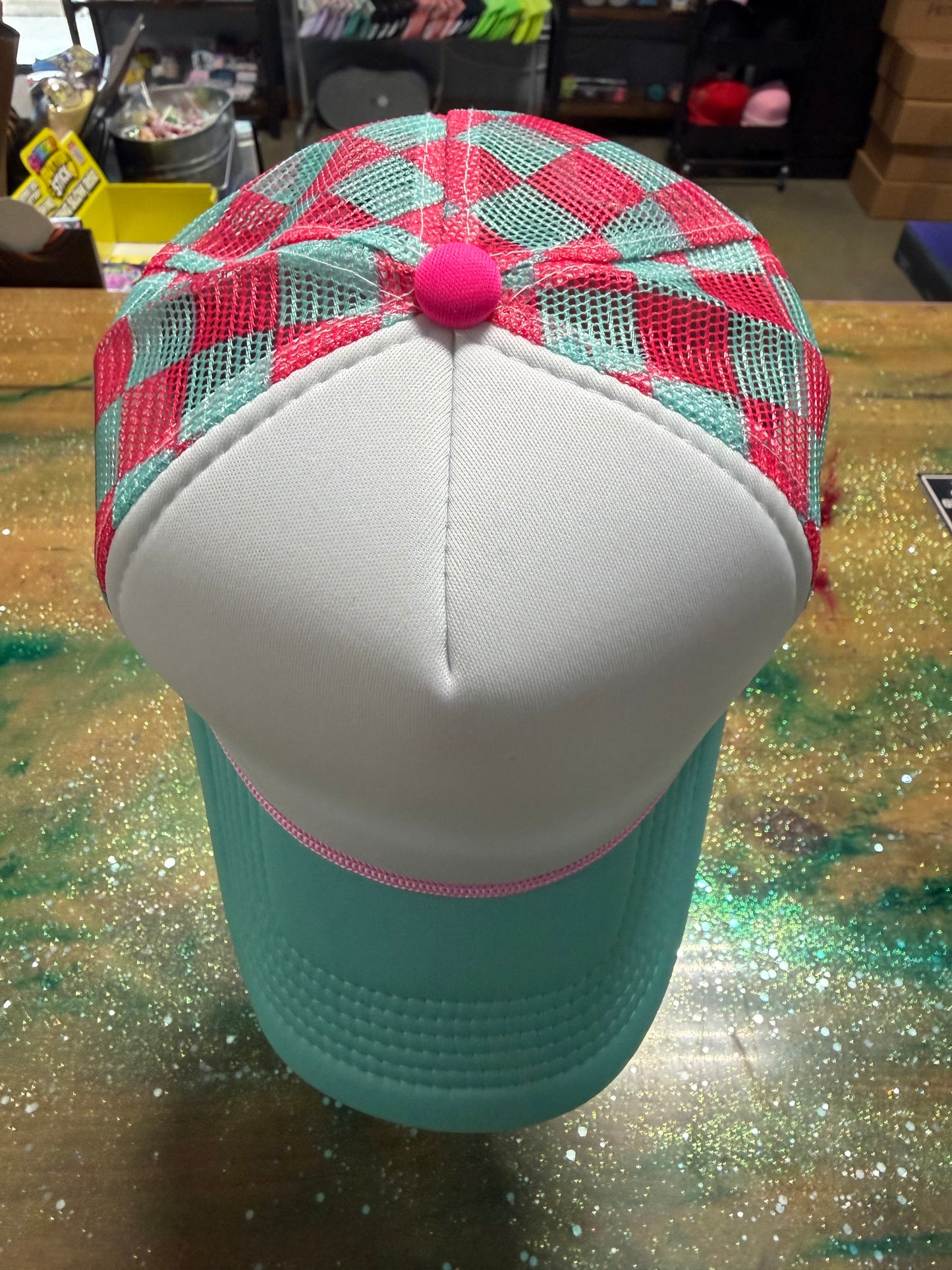 Mint Bill White Front with Mint/Pink Checkered Back- Trucker