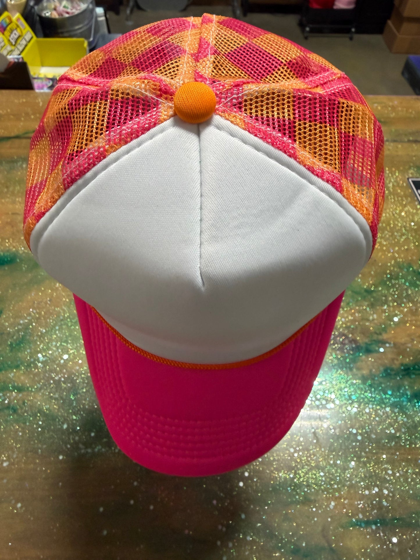 Pink Bill White Front with Pink/Orange Checkered Back- Trucker Hat