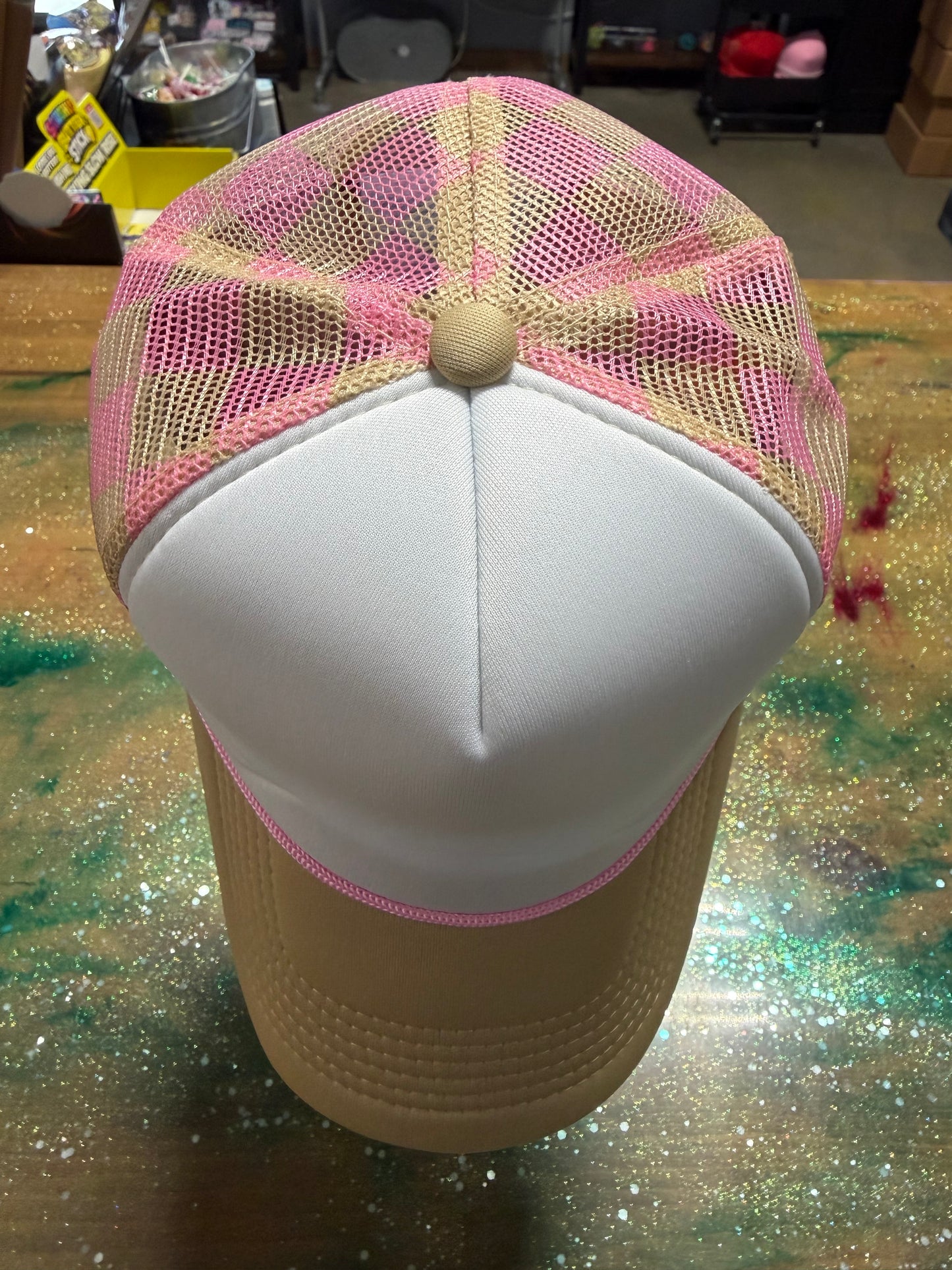 Tan Bill White Front with Tan/Pink Checkered Back- Trucker Hat