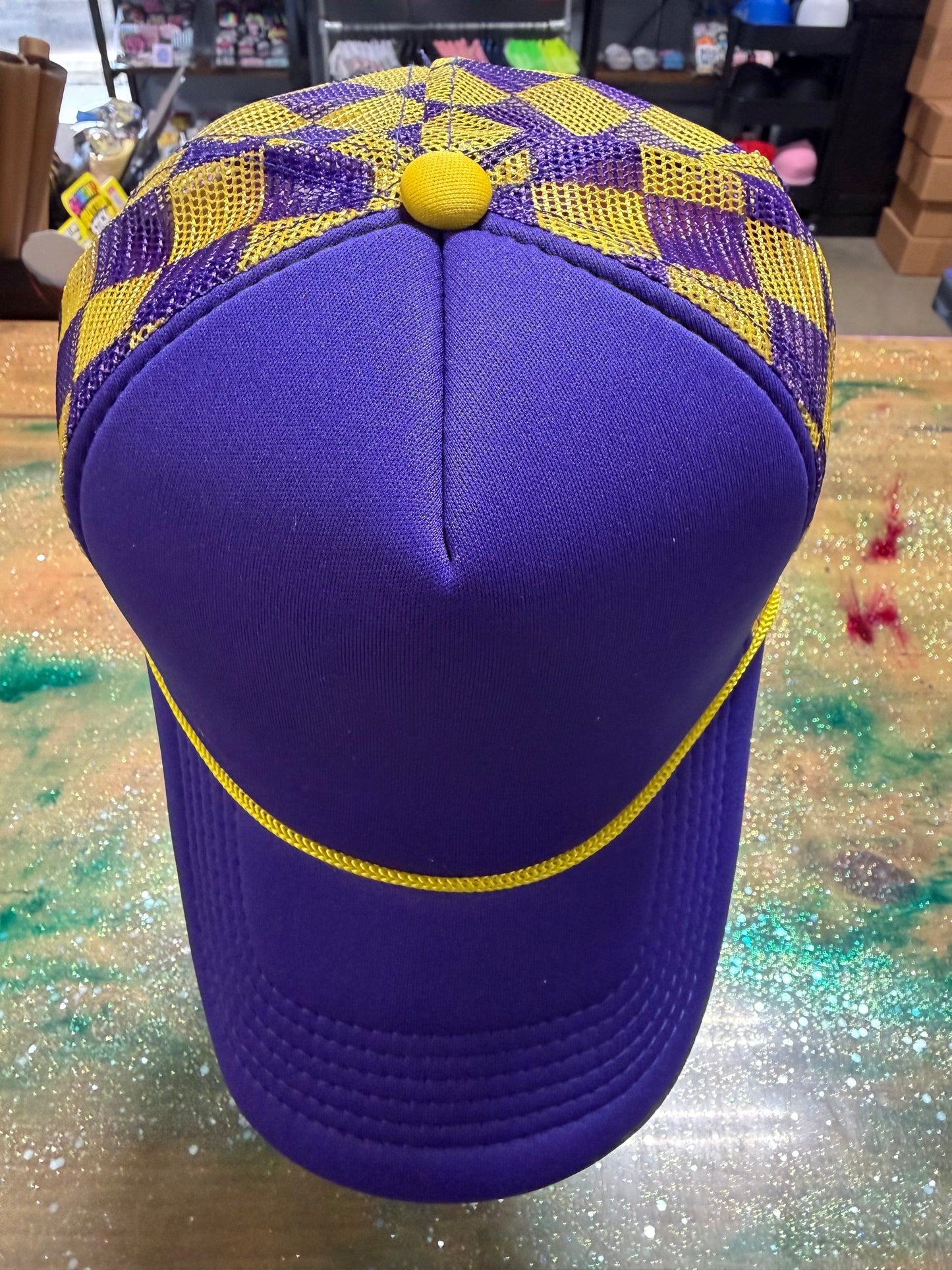 Dark Purple Bill and Front with Yellow/Dark Purple Checkered Back- Trucker Hat