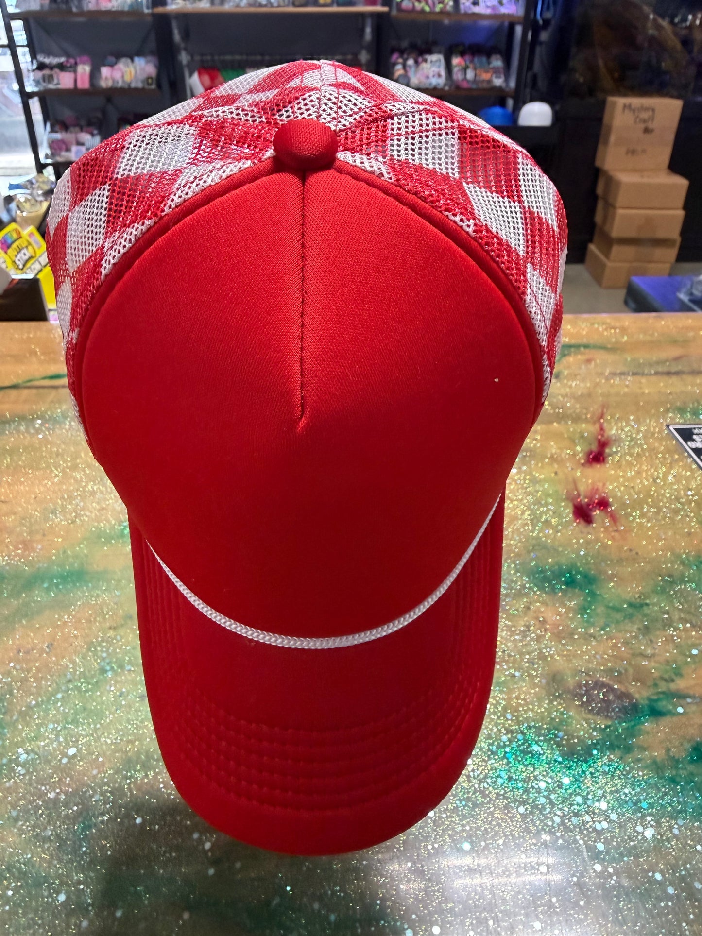 Red Bill and Front with White/Red Checkered Back- Trucker Hat