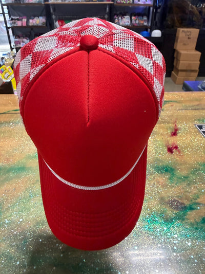 Red Bill and Front with White/Red Checkered Back- Trucker Hat