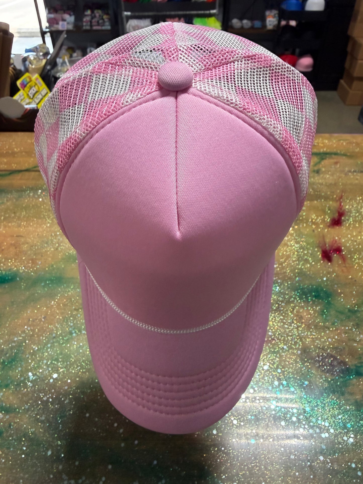 Light Pink Bill and Front with White/Light Pink Checkered Back- Trucker Hat