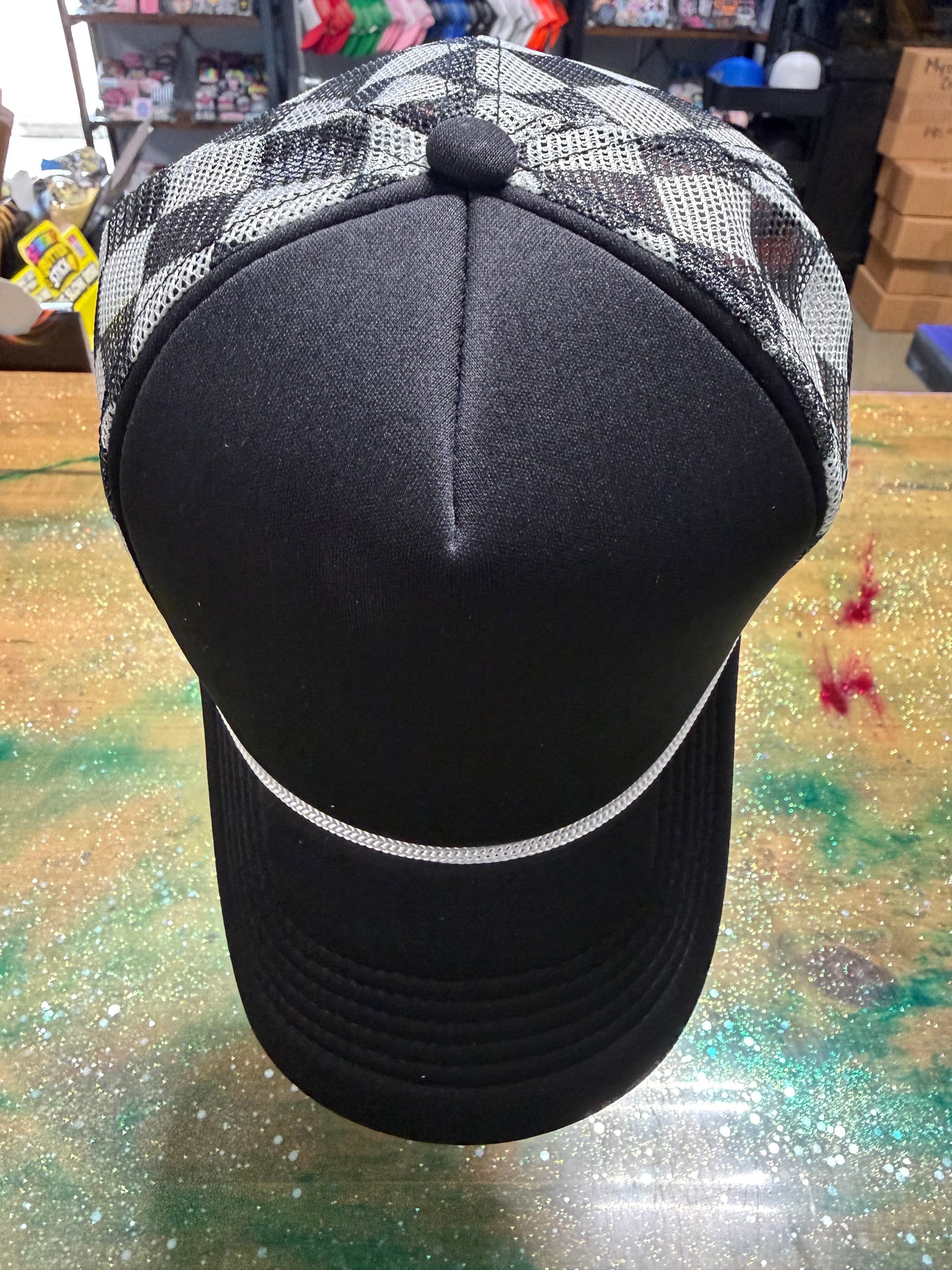 Black Bill and Front with White/Black Checkered Back- Trucker Hat