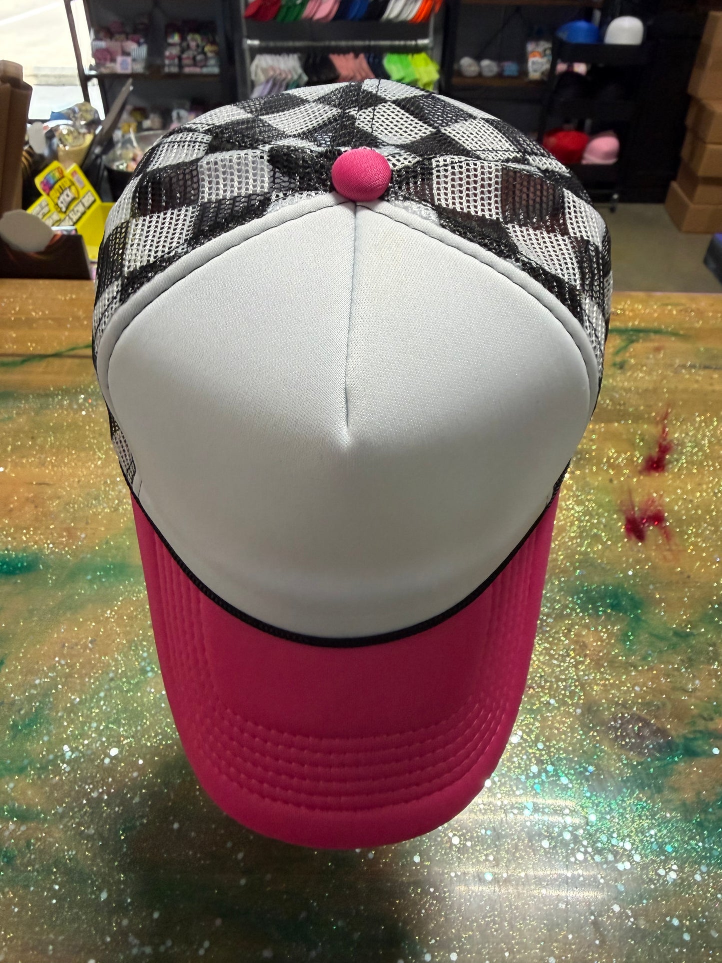 Dark Pink Bill and White Front with White/Black Checkered Back- Trucker Hat