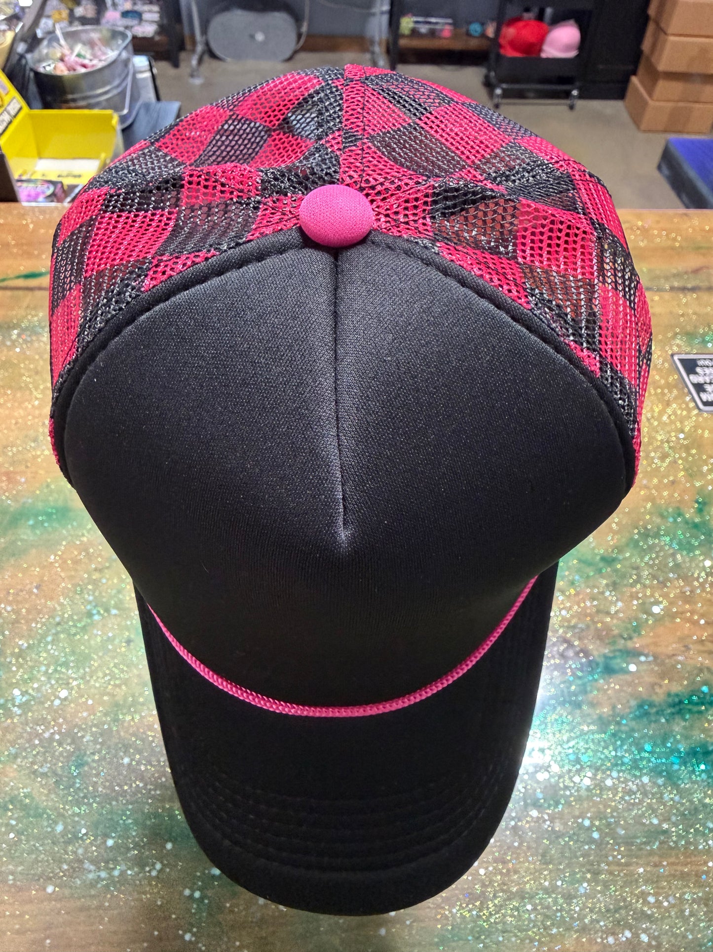 Black Bill and Front with Dark Pink/Black Checkered Back- Trucker Hat