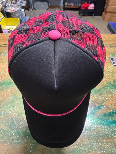 Black Bill and Front with Dark Pink/Black Checkered Back- Trucker Hat