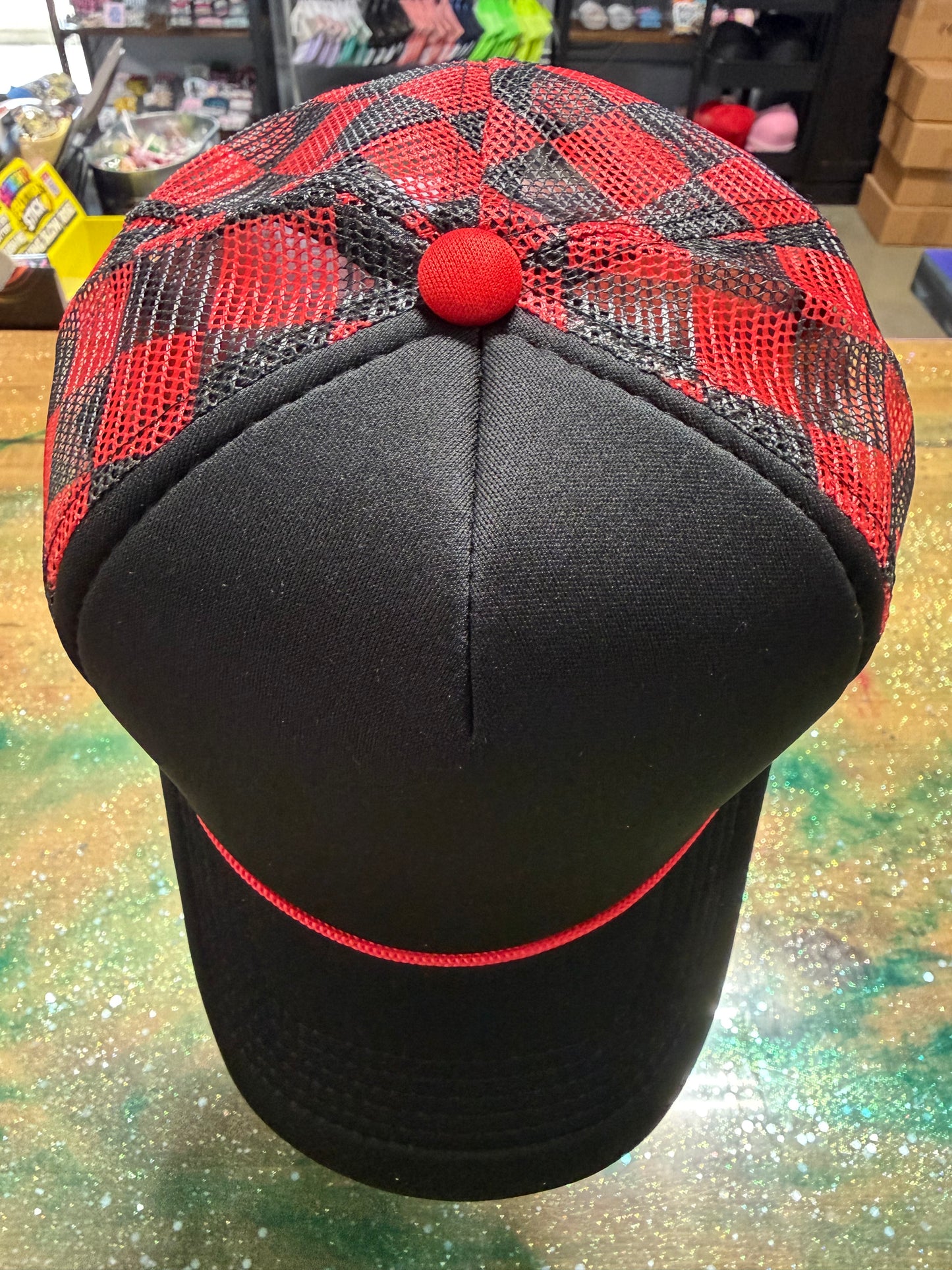 Black Bill and Front with Red/Black Checkered Back- Trucker Hat