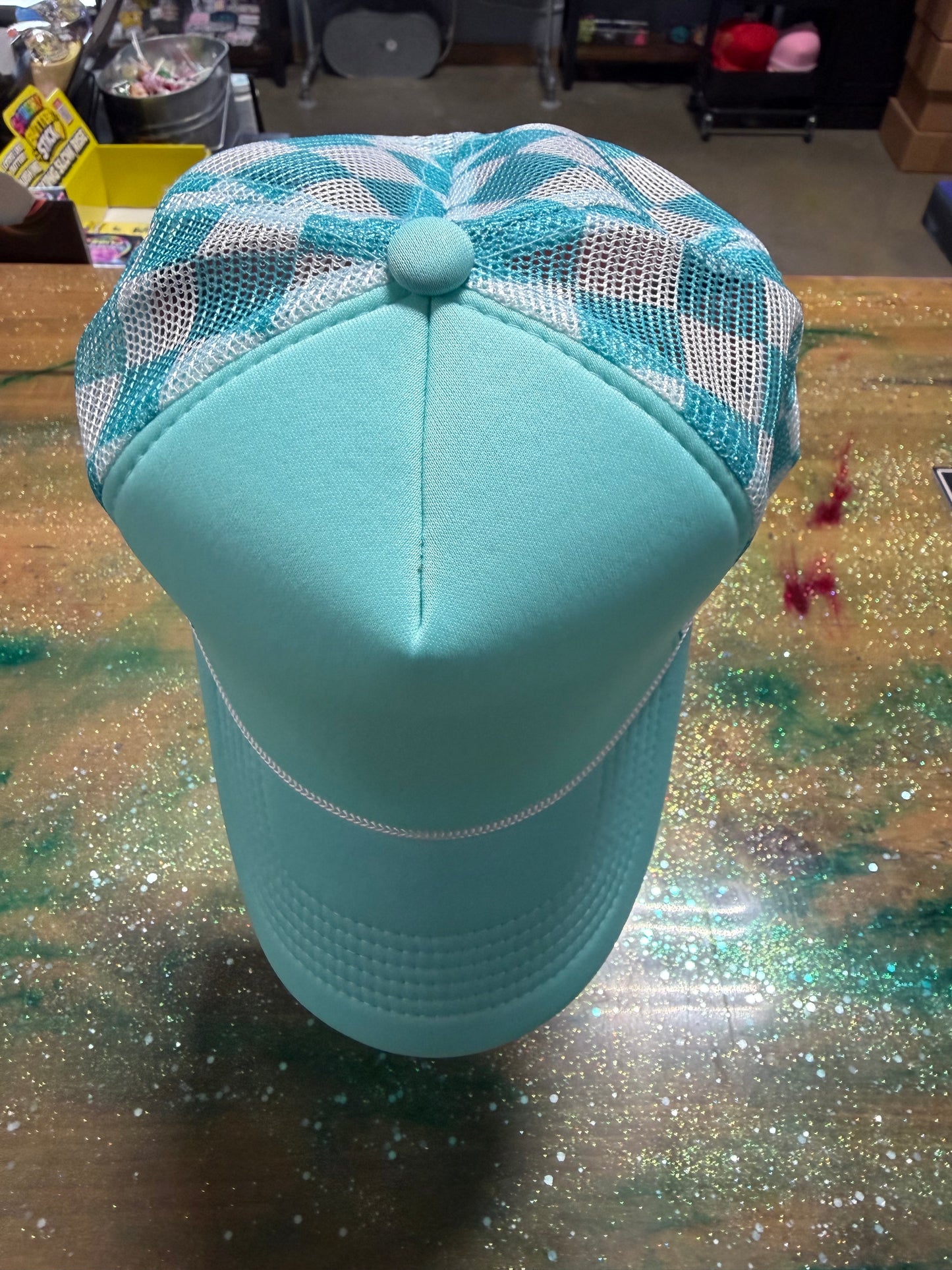 Teal Bill and Front with Checkered Back- Trucker Hat