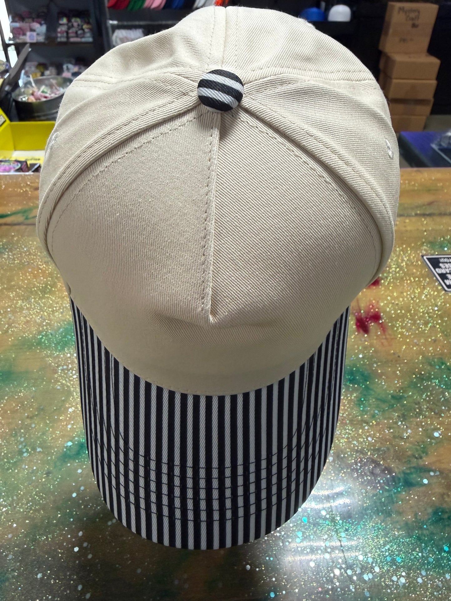 Black and White Stripe Bill with Canvas Front and Back - Trucker Hat