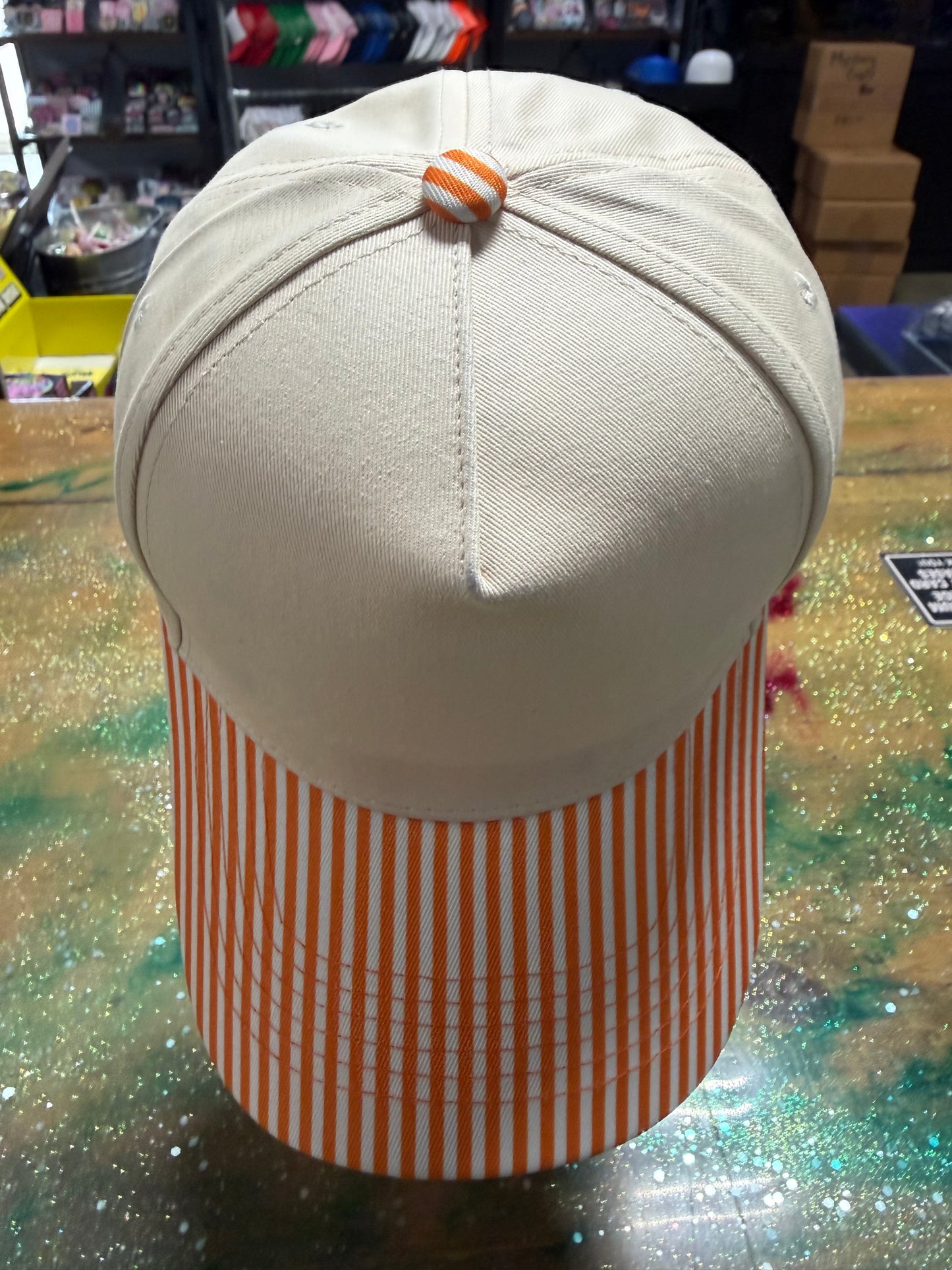 Orange and White Stripe Bill with Canvas Front and Back - Trucker Hat