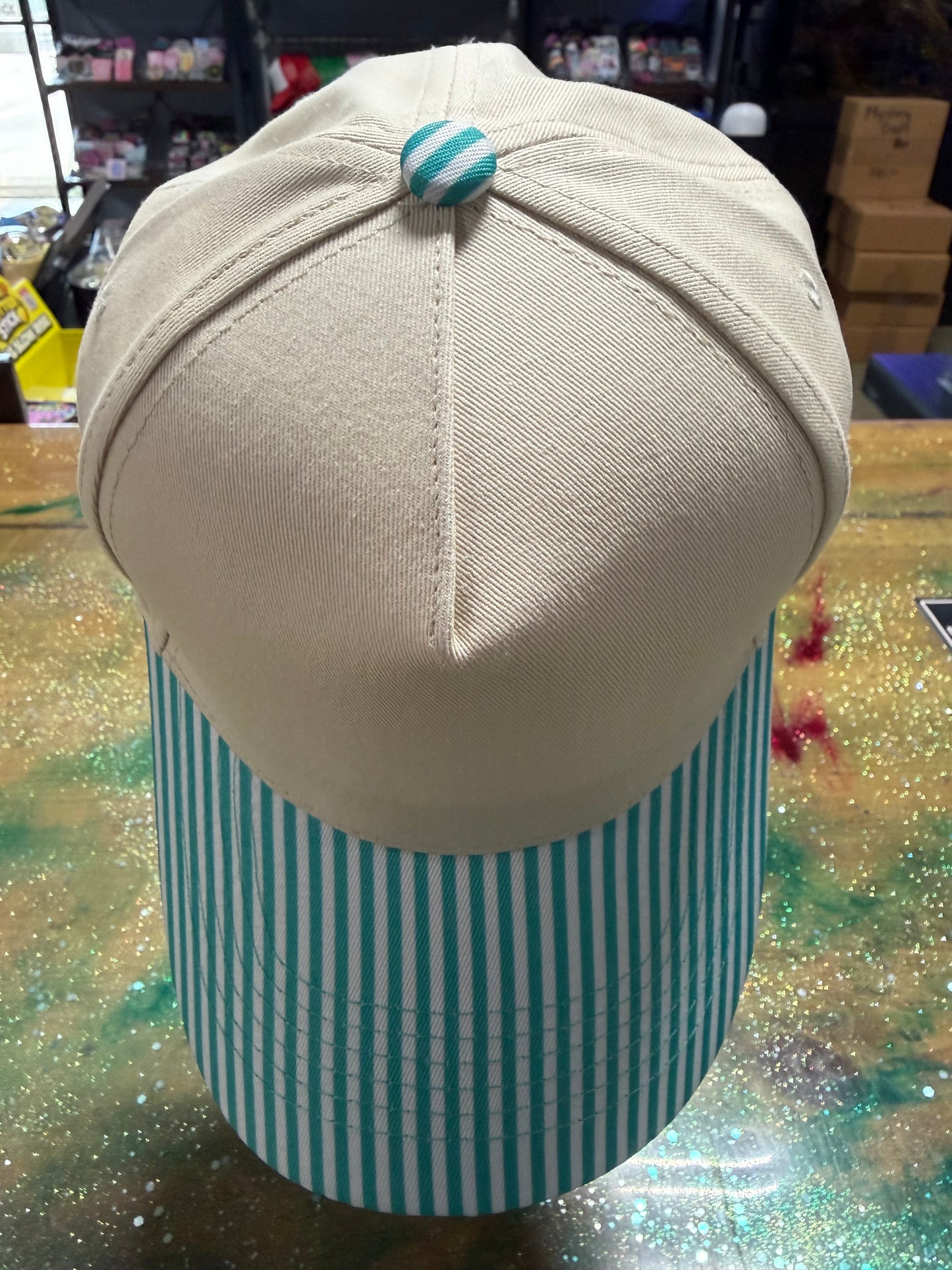 Teal and White Stripe Bill with Canvas Front and Back - Trucker Hat