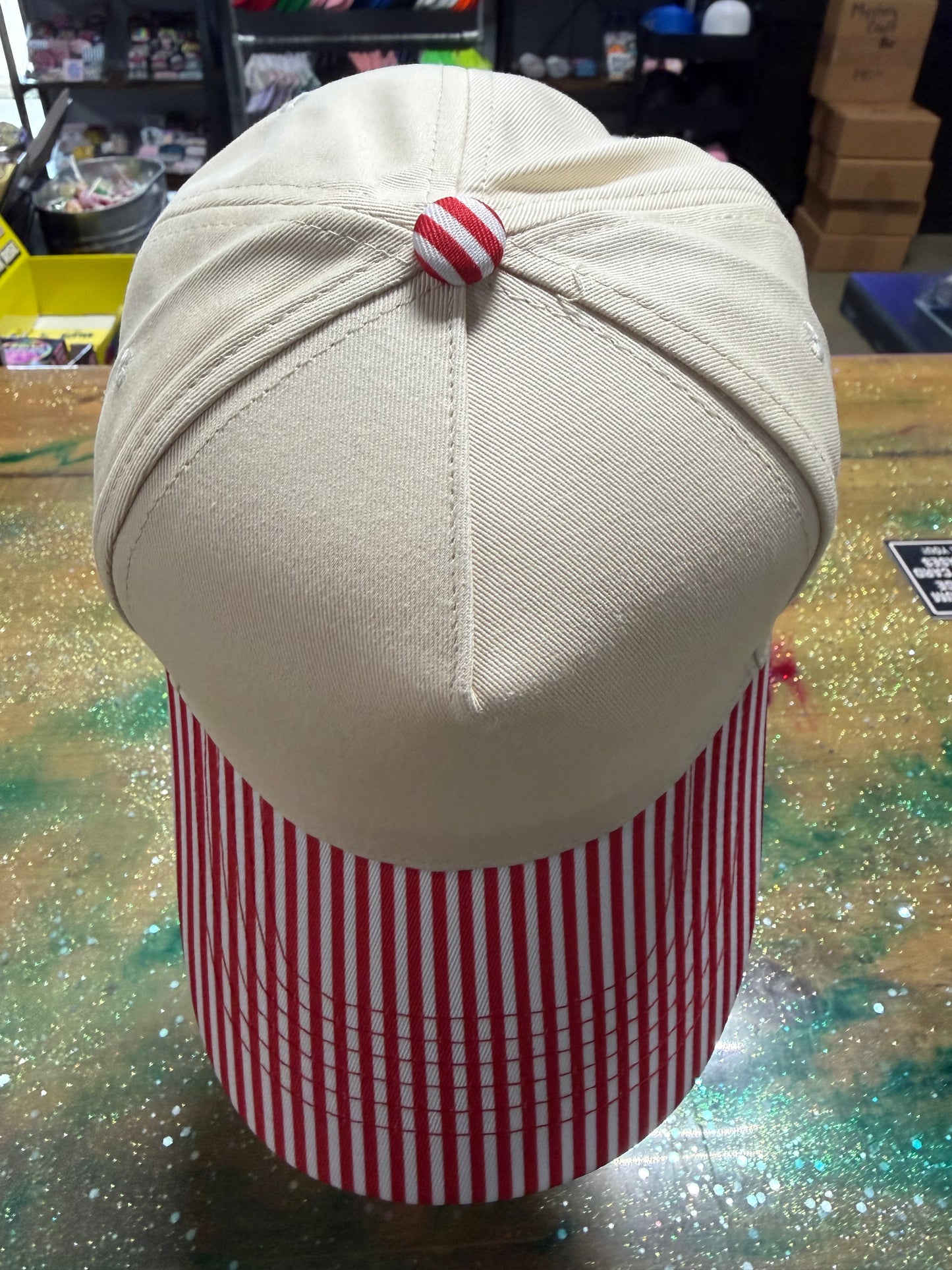 Red and White Stripe Bill with Canvas Front and Back - Trucker Hat