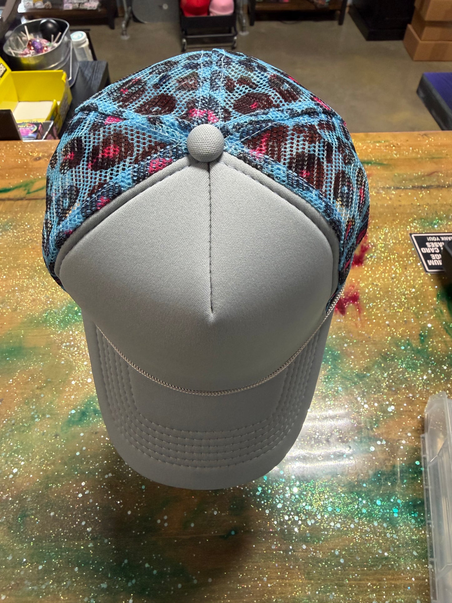 Light Gray Bill and Front with Blue Leopard Back- Trucker
