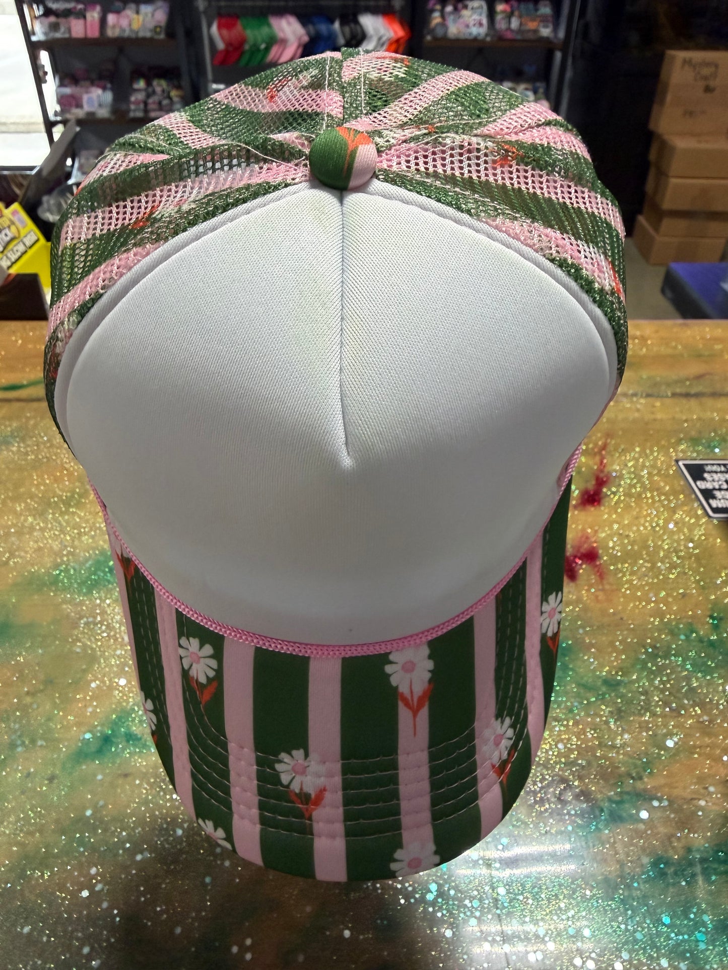 Green and Pink with Daisy Bill/Back and White Front  - Trucker
