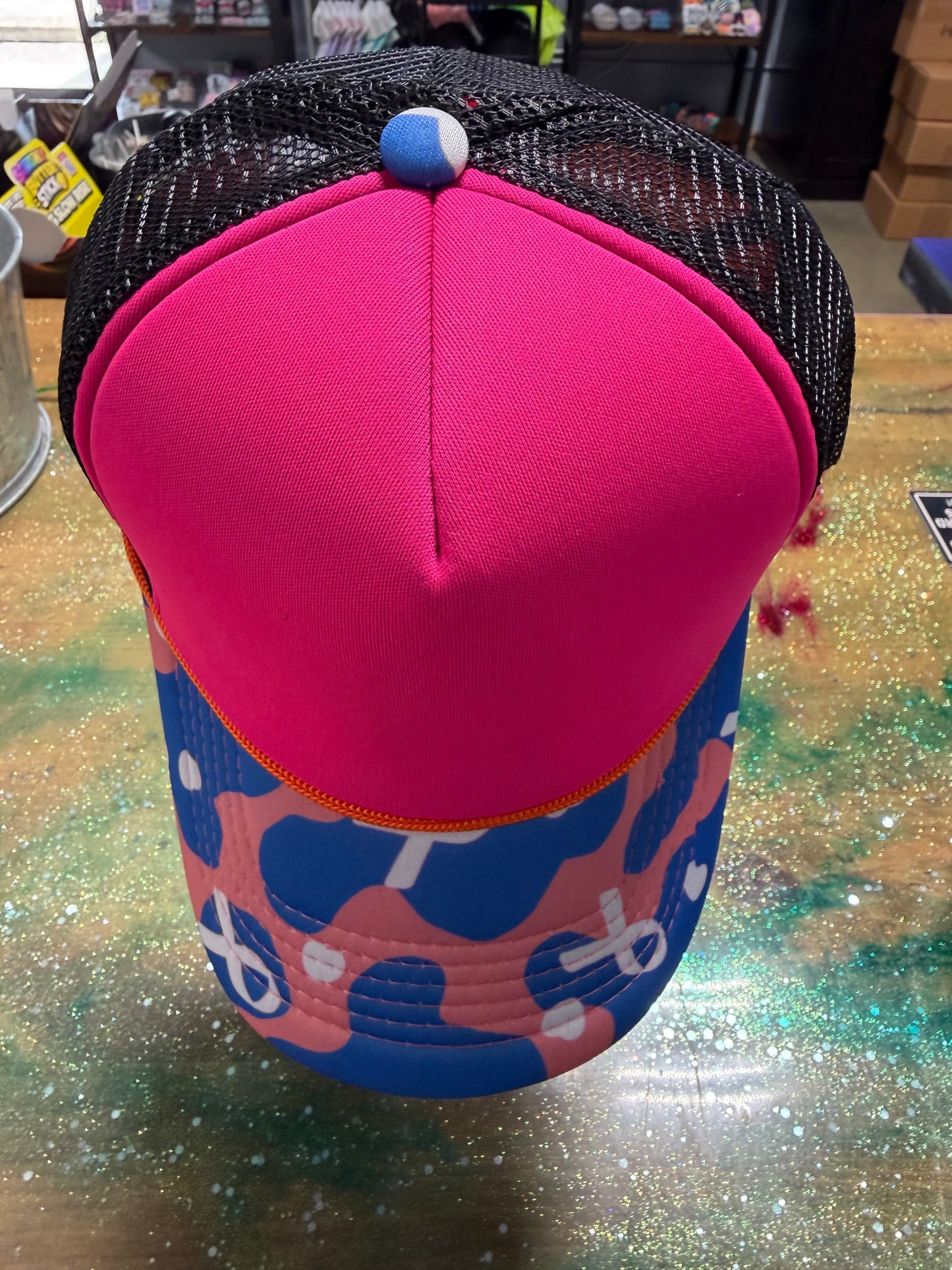 Pink/Blue Cow and Ribbon Bill with Bright Pink Bill and Black Back - Trucker