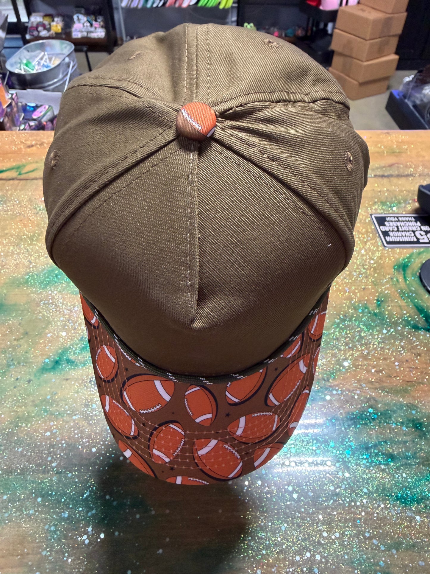 Army Green Canvas with Footballs on Bill - Trucker Hat