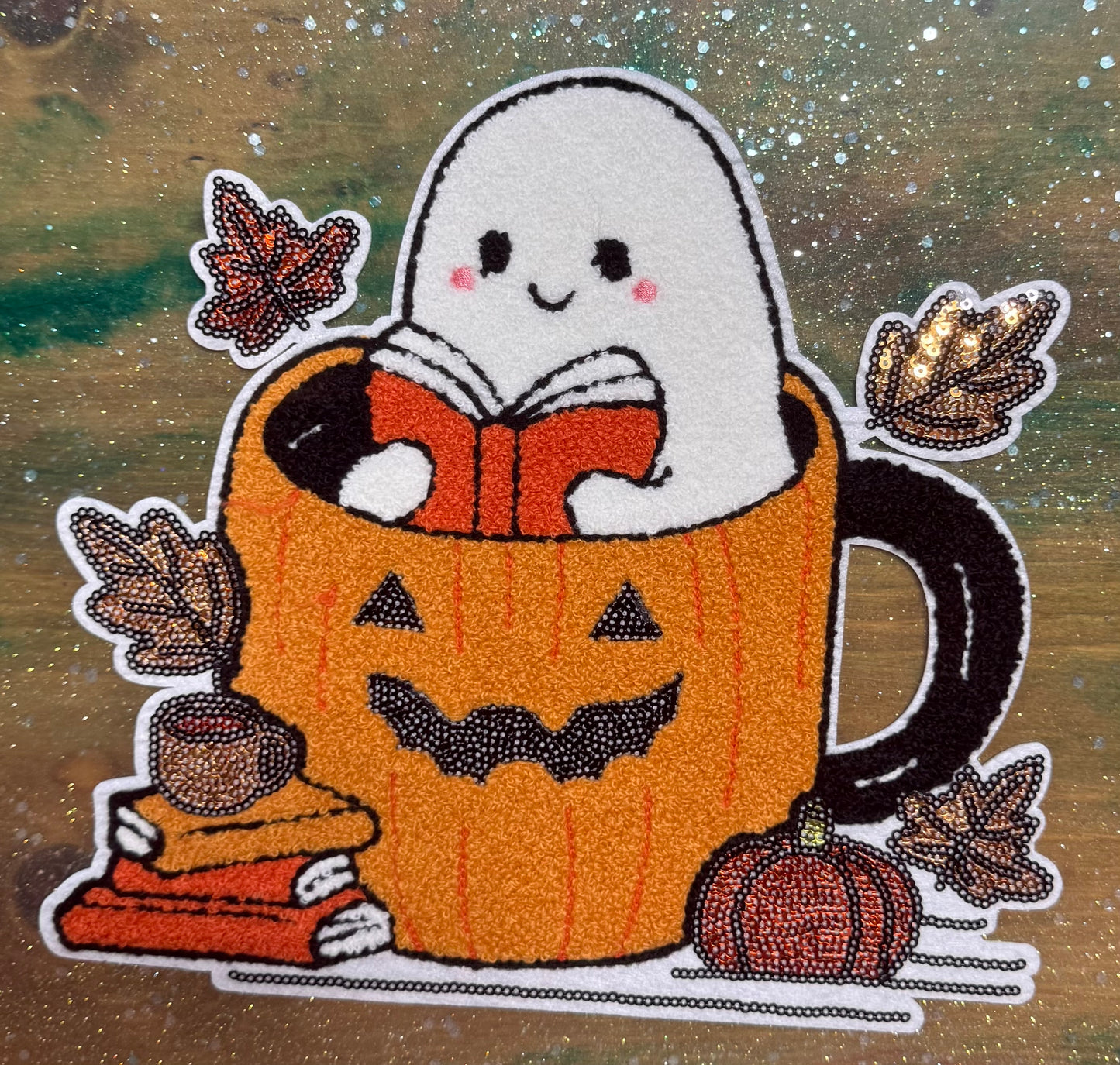 Ghost in Pumpkin Cup - Sequins Iron On Patch
