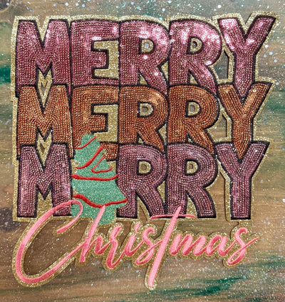 Merry Merry Merry Christmas Jewel Tones - Sequins Iron On Patch