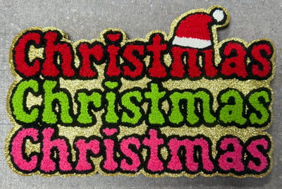 Christmas Christmas Christmas Santa Hat- Chenille/Sequins Iron On Patch