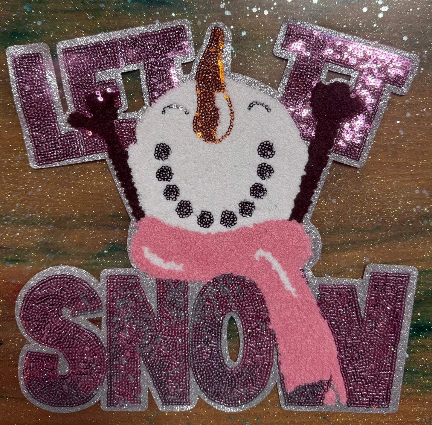 Pink Let it Snow - Chenille/Sequins Iron On Patch