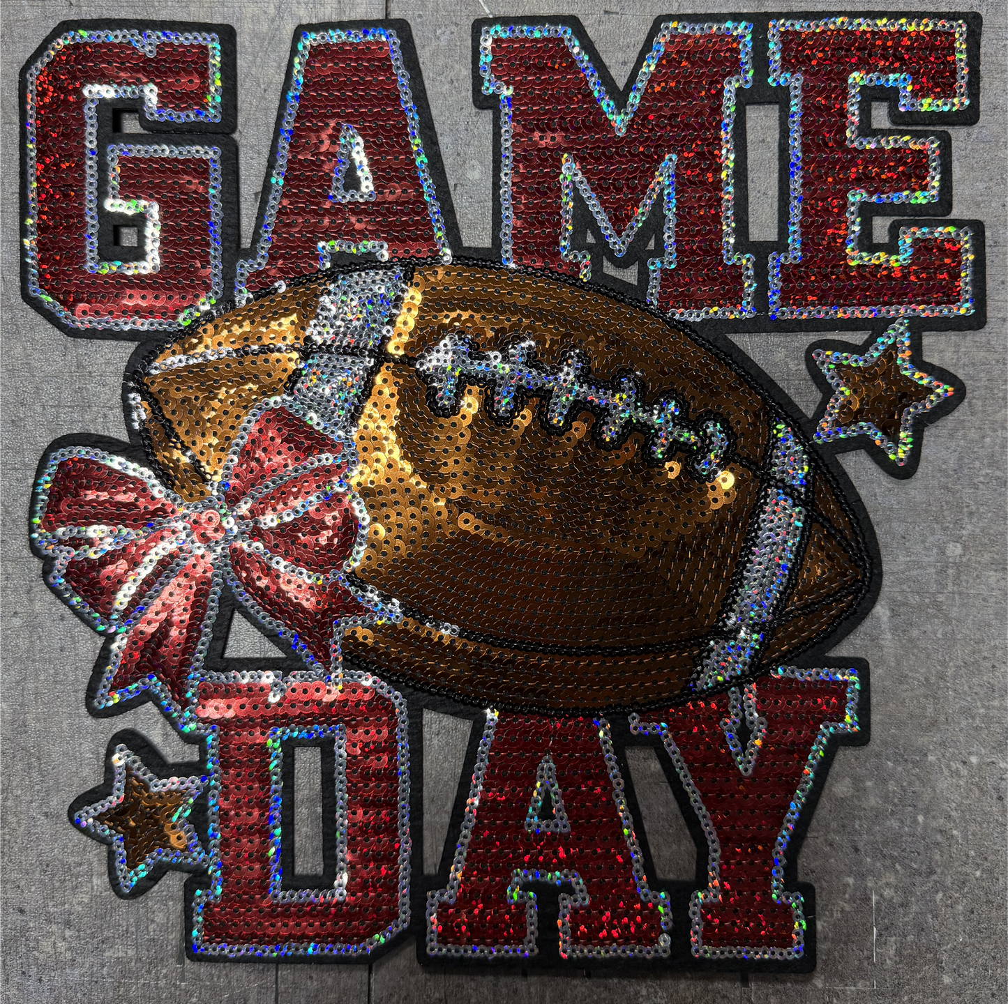 Game Day Football Sequins with Bow - Chenille/Sequins Iron On Patch