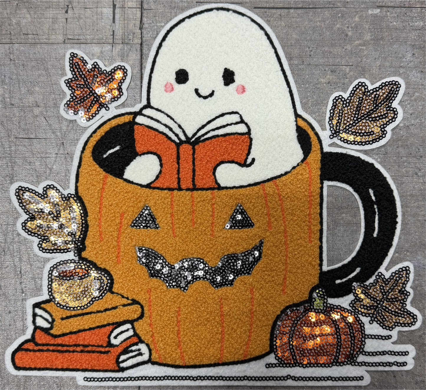 Ghost in Pumpkin Cup - Chenille/Sequins Iron On Patch