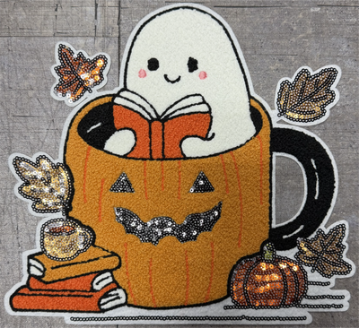 Ghost in Pumpkin Cup - Chenille/Sequins Iron On Patch