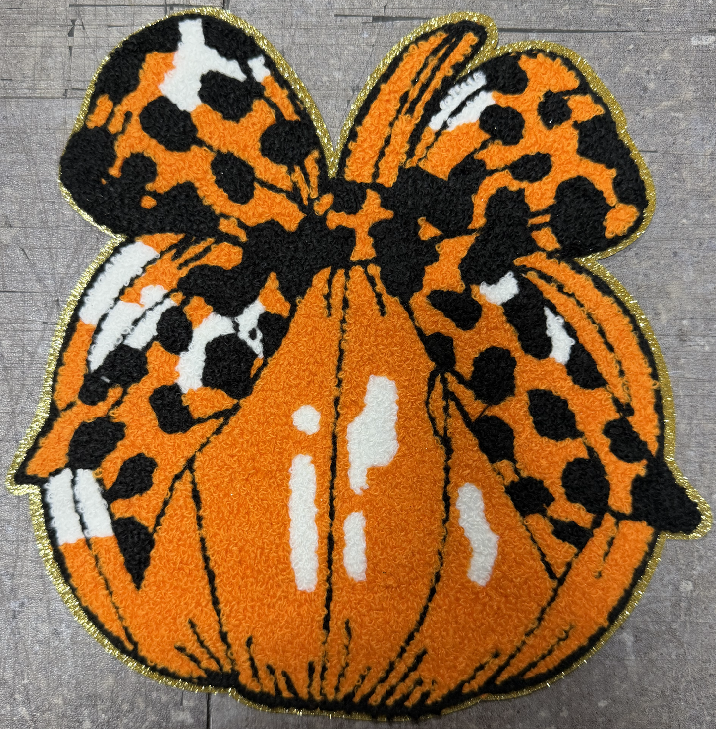 Pumpkin with Leopard Bow - Chenille/Sequins Iron On Patch