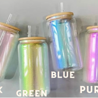 Iridescent 16oz Glass Cups  - with Bamboo Lid and Straw-Sublimation