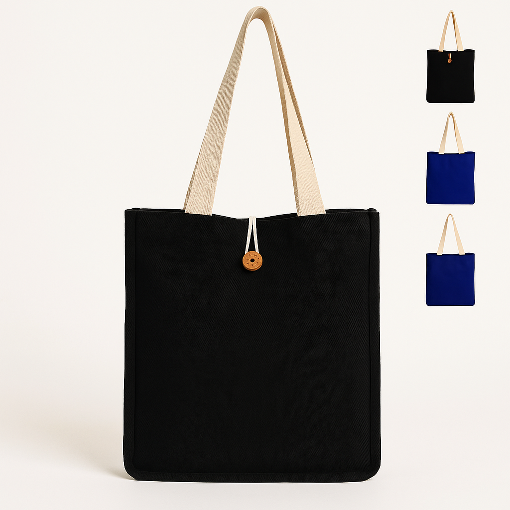 Button Closure Cotton Canvas Tote Bag with Natural Handles