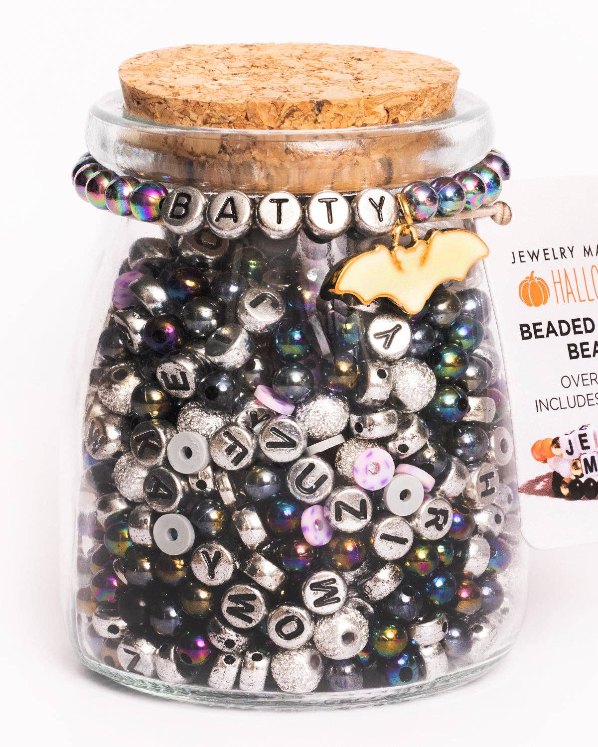 BATTY Silver Letter Bead DIY Bracelet Jar with Glow in the Dark Bat Charm