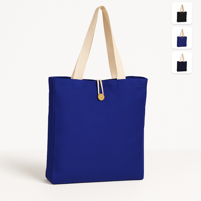Button Closure Cotton Canvas Tote Bag with Natural Handles