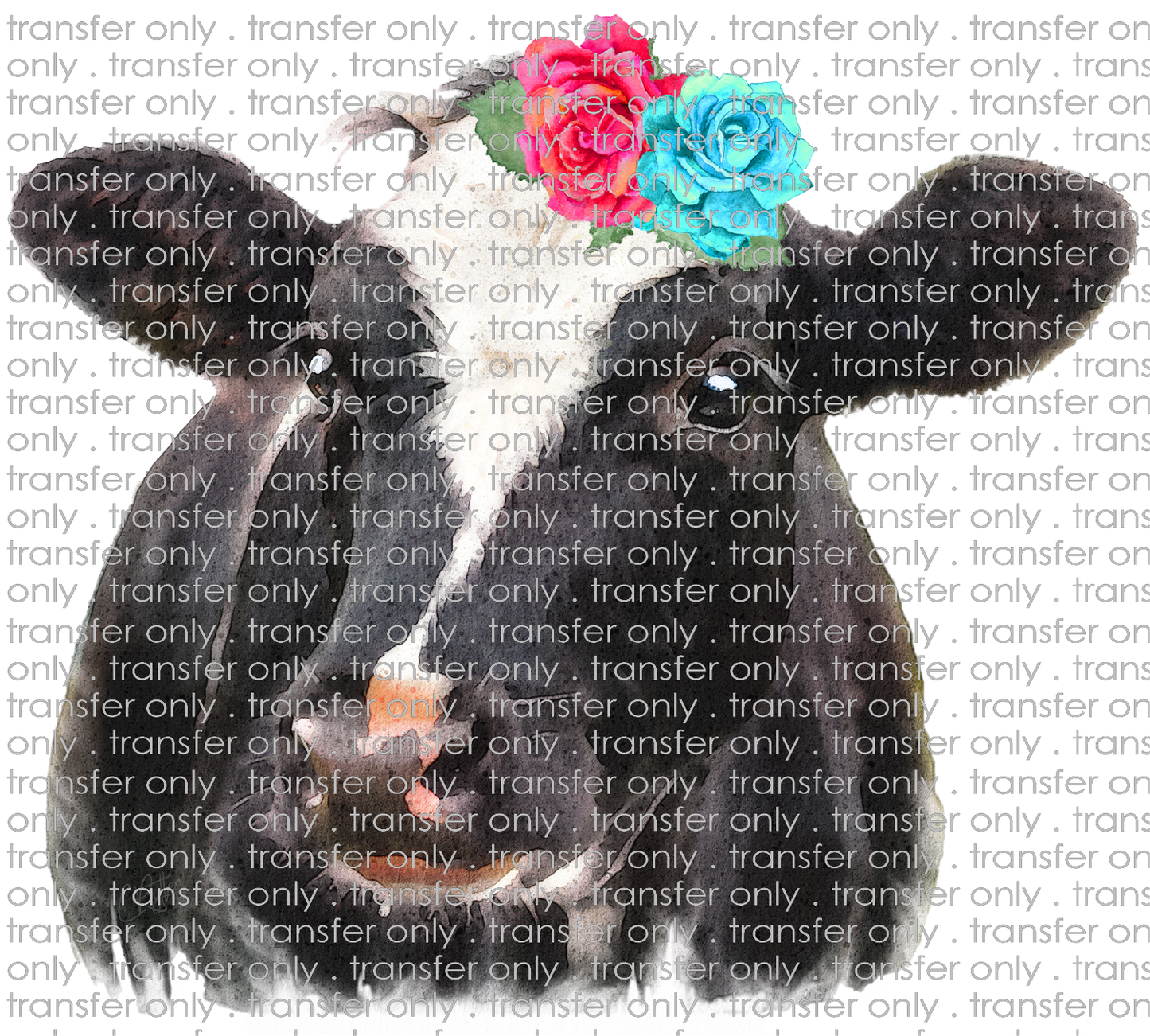 ANM 7 Black and White Watercolor Cow with Flowers